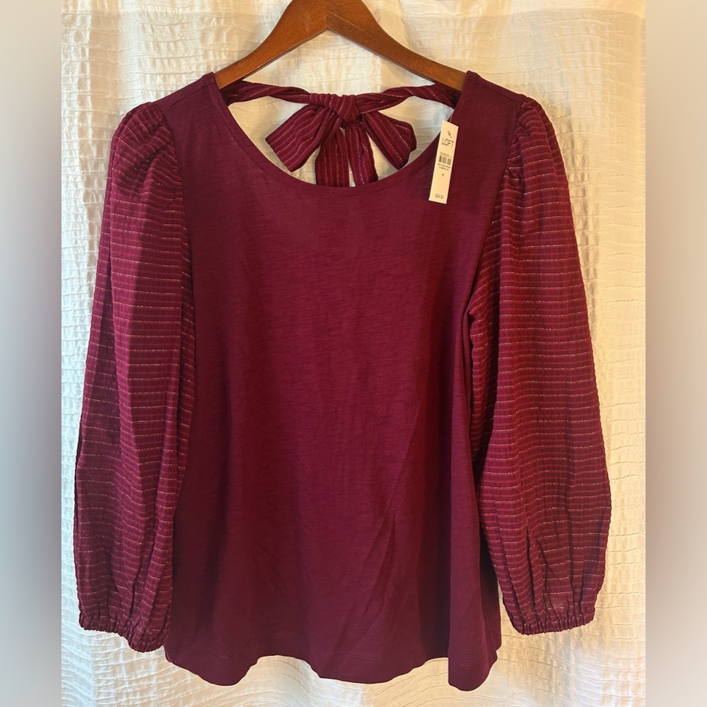 LOFT Wine NWT Bow-Back Puff Sleeve Blouse